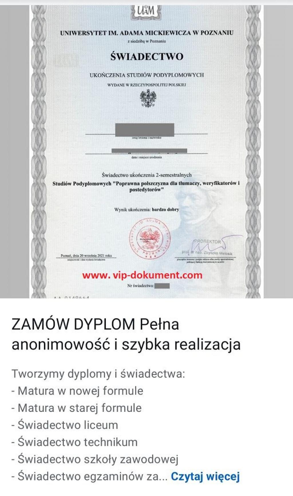 Kupię świadectwo maturalne, dyplom uczelni